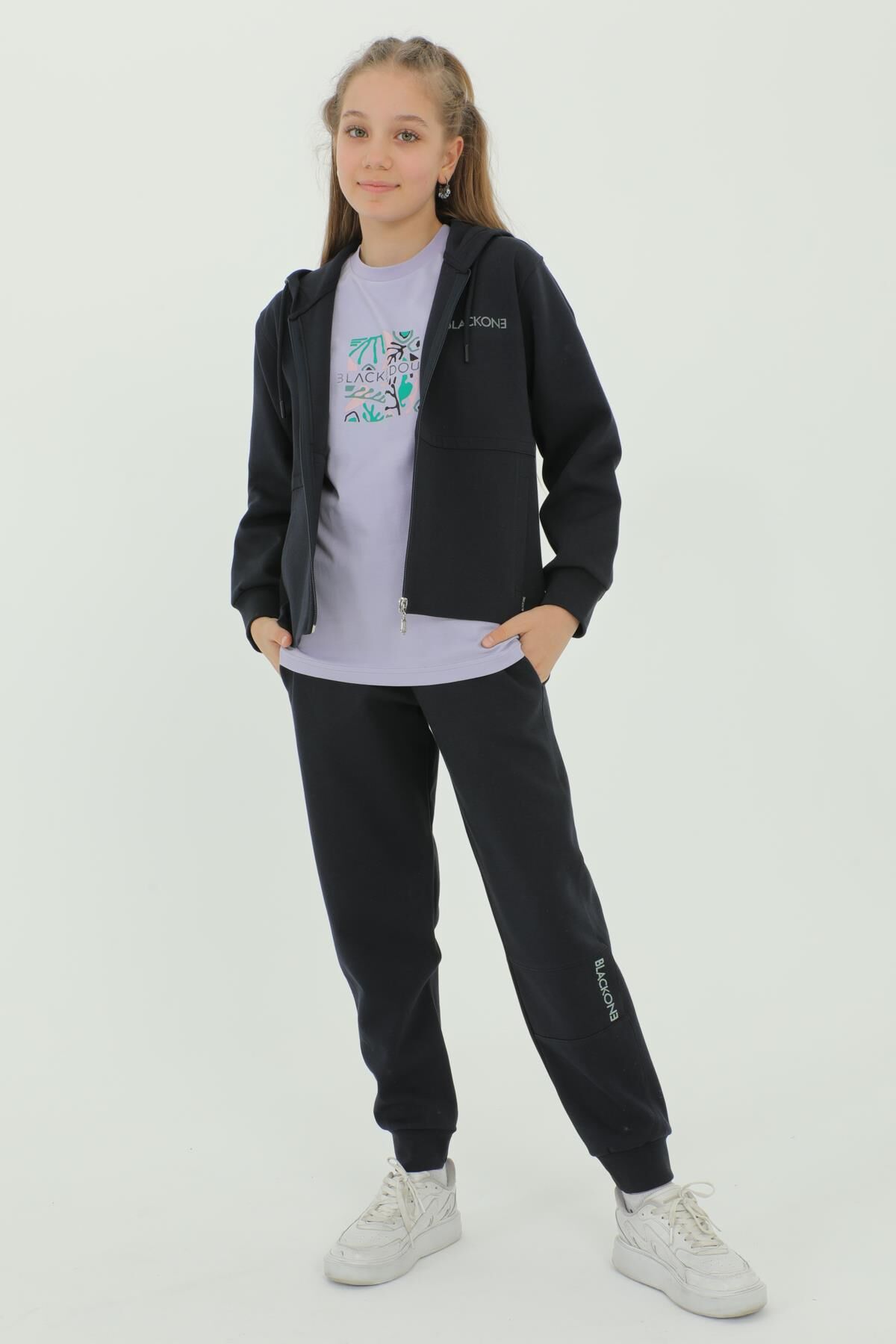 Kız Çocuk Üçlü Takım Baskı Detaylı Eşofman Takımı LACİVERT