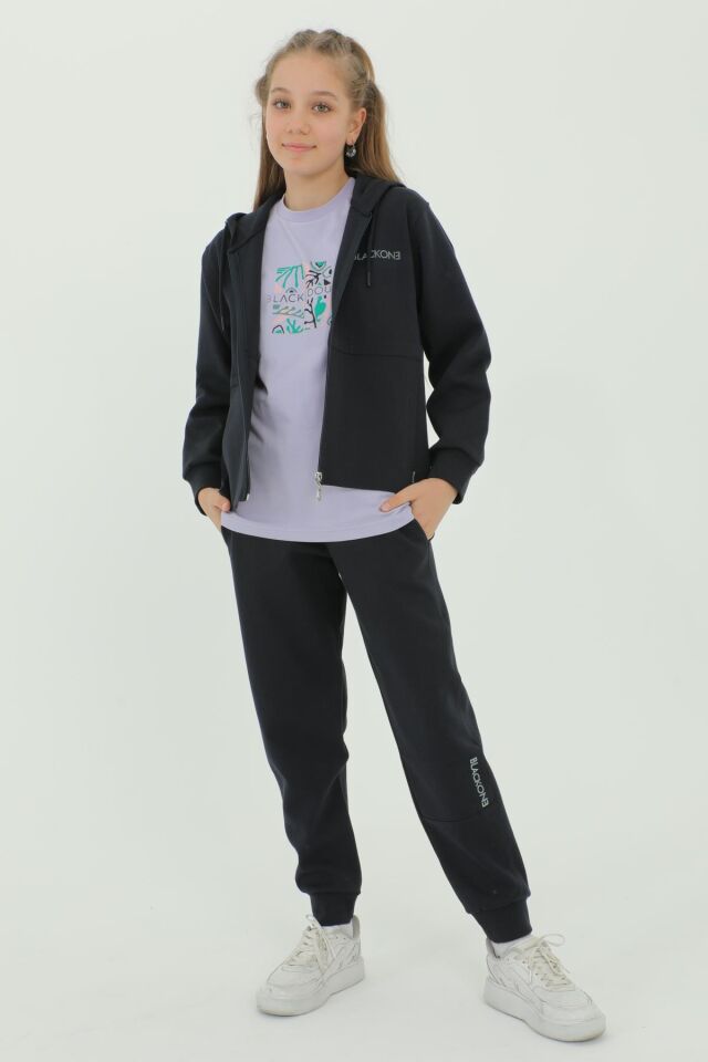 Kız Çocuk Üçlü Takım Baskı Detaylı Eşofman Takımı LACİVERT