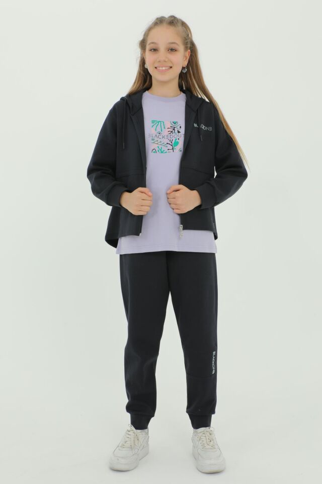 Kız Çocuk Üçlü Takım Baskı Detaylı Eşofman Takımı LACİVERT