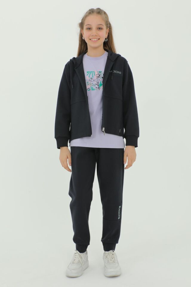 Kız Çocuk Üçlü Takım Baskı Detaylı Eşofman Takımı LACİVERT