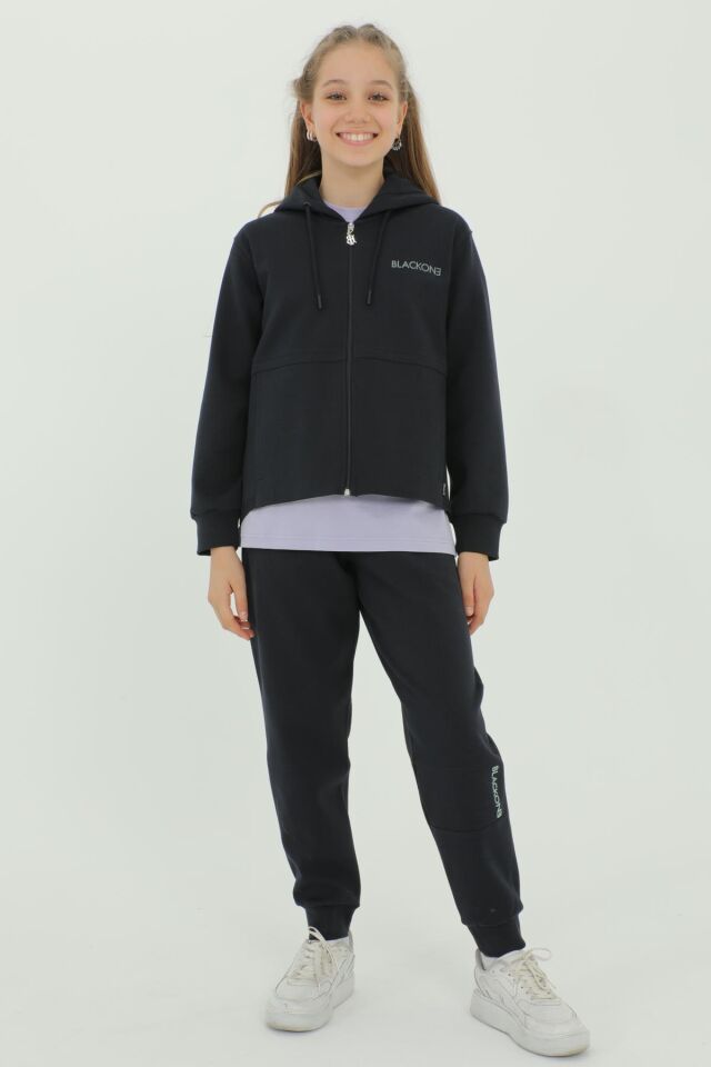 Kız Çocuk Üçlü Takım Baskı Detaylı Eşofman Takımı LACİVERT