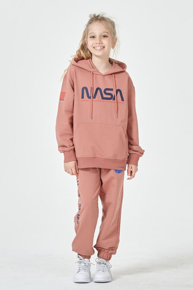 Kız Çocuk Şardonsuz 2 İplik Baskılı Kapüşonlu Spor Eşofman Takımı – Normal Kalıp 11-12 Yaş - GÜL KURUSU