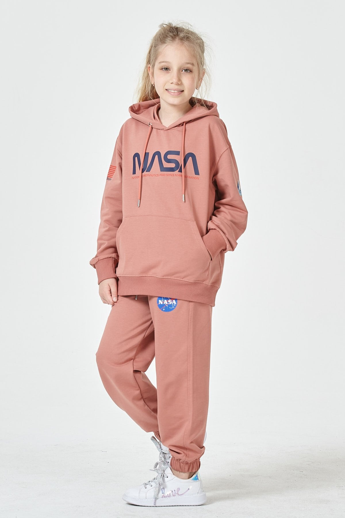 Kız Çocuk Şardonsuz 2 İplik Baskılı Kapüşonlu Spor Eşofman Takımı – Normal Kalıp 10-11 Yaş - GÜL KURUSU