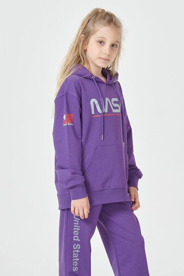 Kız Çocuk Şardonsuz 2 İplik Baskılı Kapüşonlu Spor Eşofman Takımı – Normal Kalıp 14-15 Yaş - MOR