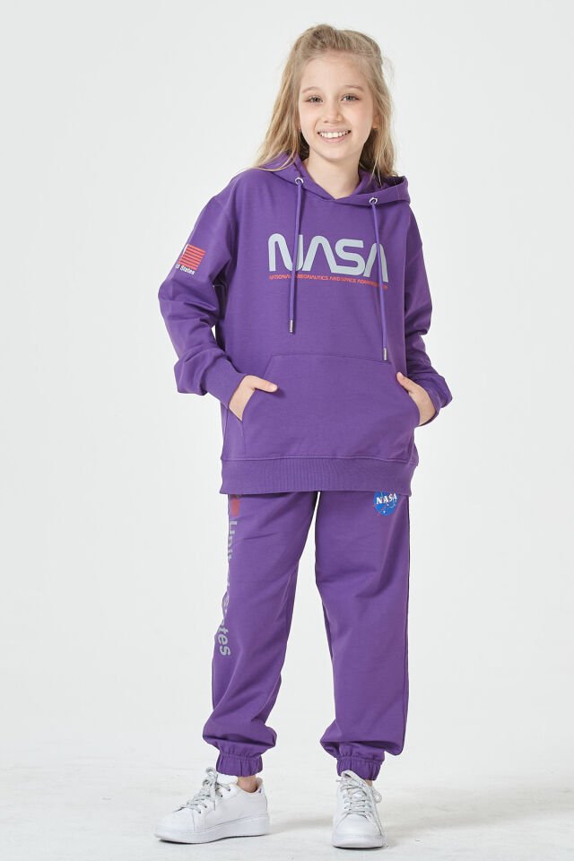 Kız Çocuk Şardonsuz 2 İplik Baskılı Kapüşonlu Spor Eşofman Takımı – Normal Kalıp 14-15 Yaş - MOR