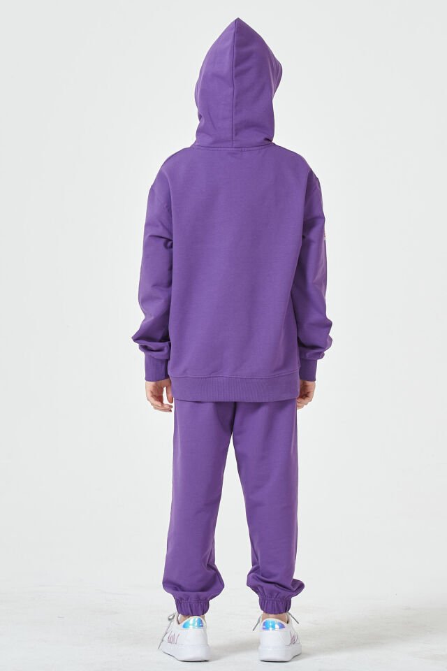 Kız Çocuk Şardonsuz 2 İplik Baskılı Kapüşonlu Spor Eşofman Takımı – Normal Kalıp 14-15 Yaş - MOR