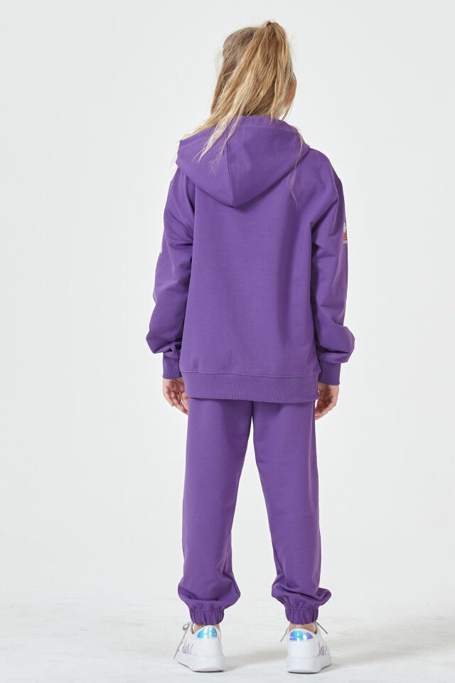 Kız Çocuk Şardonsuz 2 İplik Baskılı Kapüşonlu Spor Eşofman Takımı – Normal Kalıp 14-15 Yaş - MOR