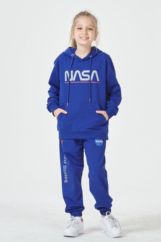 KIZ ÇOCUK UNİSEX  NASA BASKI DETAYLI OVERSİZE KAPÜŞONLU ÇOCUK EŞOFMAN TAKIMI 10-11 Yaş - SAKS