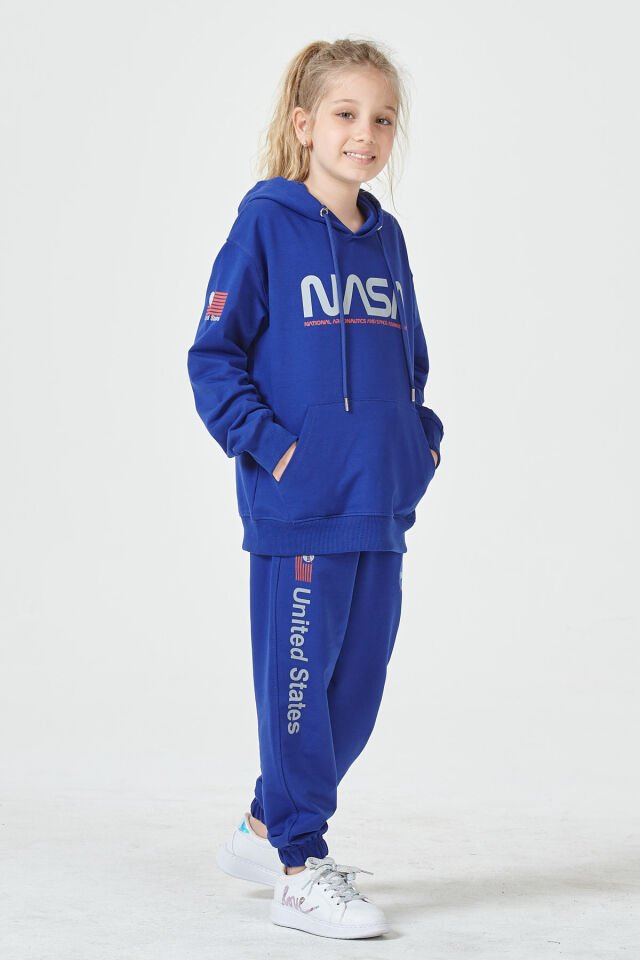 KIZ ÇOCUK UNİSEX  NASA BASKI DETAYLI OVERSİZE KAPÜŞONLU ÇOCUK EŞOFMAN TAKIMI 10-11 Yaş - SAKS