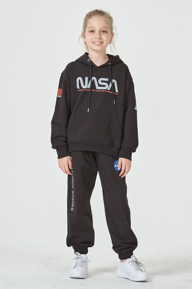 Kız Çocuk Şardonsuz 2 İplik Baskılı Kapüşonlu Spor Eşofman Takımı – Normal Kalıp 14-15 Yaş - SİYAH