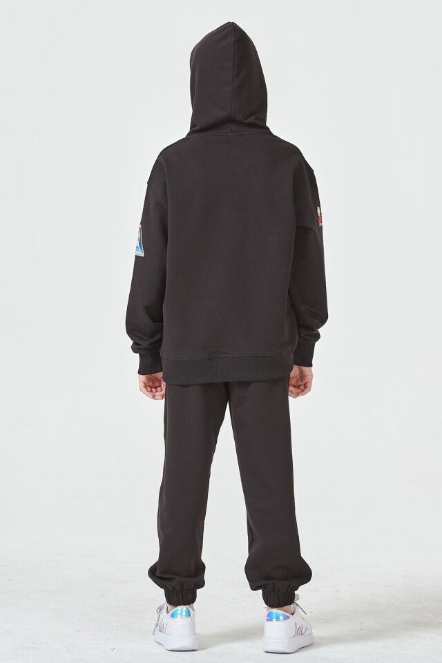 Kız Çocuk Şardonsuz 2 İplik Baskılı Kapüşonlu Spor Eşofman Takımı – Normal Kalıp 11-12 Yaş - SİYAH