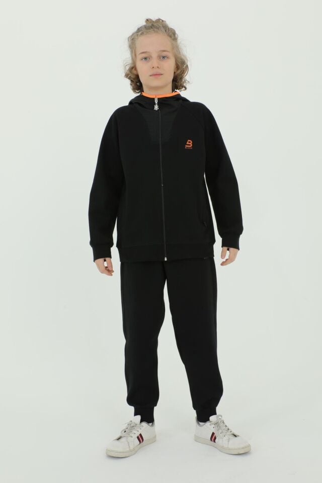 Erkek Çocuk Kapüşonlu Fermuar Baskı Detaylı Çift Cepli Eşofman Takımı