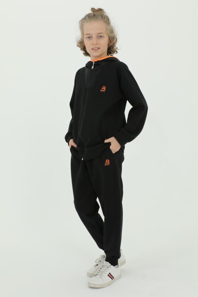 Erkek Çocuk Kapüşonlu Fermuar Baskı Detaylı Çift Cepli Eşofman Takımı