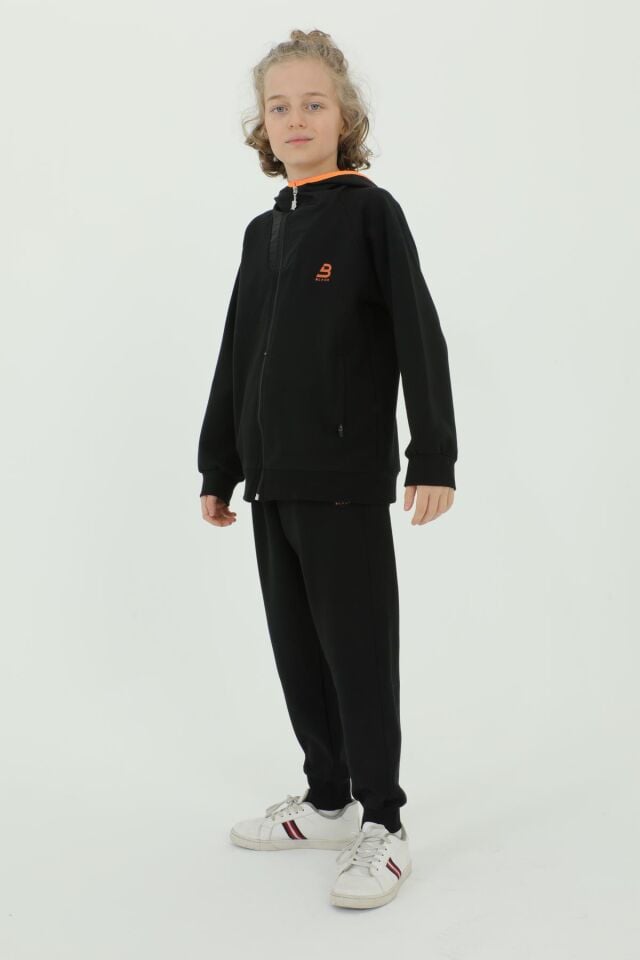 Erkek Çocuk Kapüşonlu Fermuar Baskı Detaylı Çift Cepli Eşofman Takımı