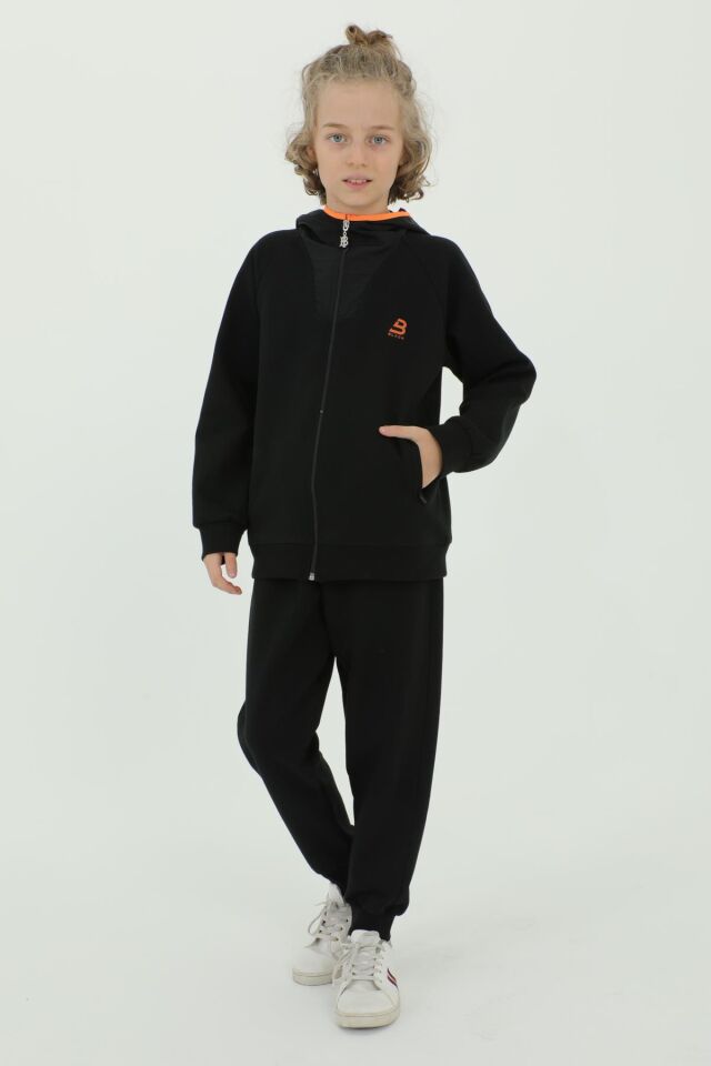 Erkek Çocuk Kapüşonlu Fermuar Baskı Detaylı Çift Cepli Eşofman Takımı