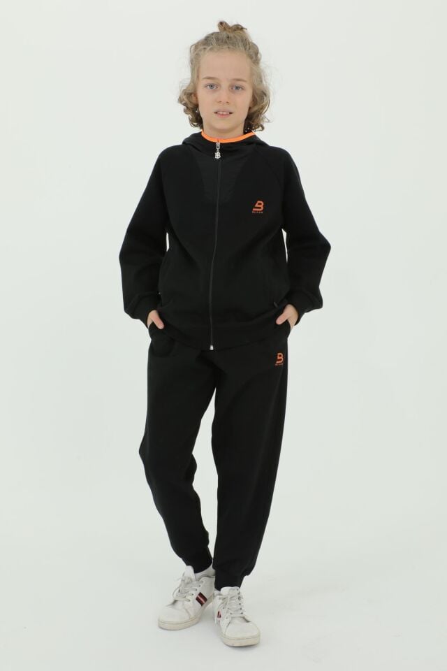 Erkek Çocuk Kapüşonlu Fermuar Baskı Detaylı Çift Cepli Eşofman Takımı