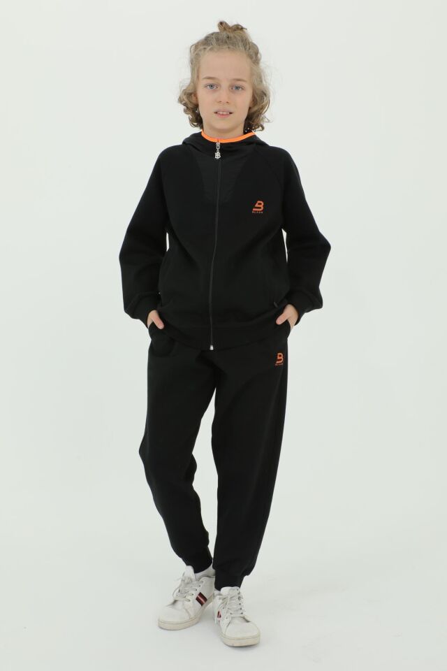 Erkek Çocuk Kapüşonlu Fermuar Baskı Detaylı Çift Cepli Eşofman Takımı