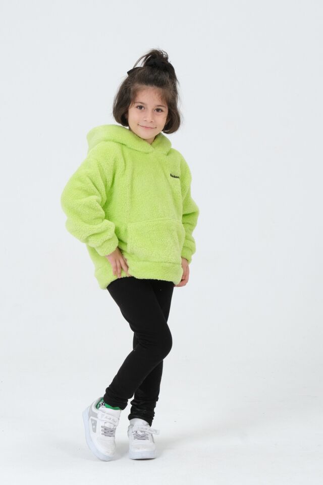 Erkek/Kız Çocuk Peluş Kapüşonlu Üst FISTIK YEŞİL - 3-4 Yaş