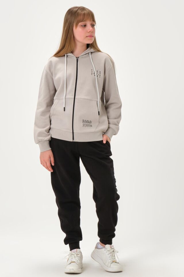 Çelikli İnterlok Kumaş Cep Baskı Detaylı Fermuarlı Kapüşonlu Alt Üst Kız Çocuk Eşofman  Takımı