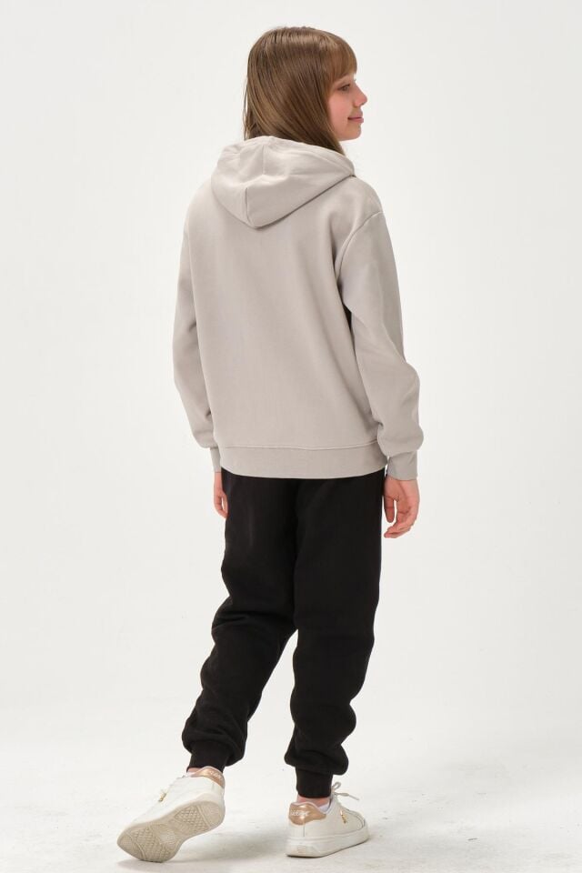 Çelikli İnterlok Kumaş Cep Baskı Detaylı Fermuarlı Kapüşonlu Alt Üst Kız Çocuk Eşofman  Takımı