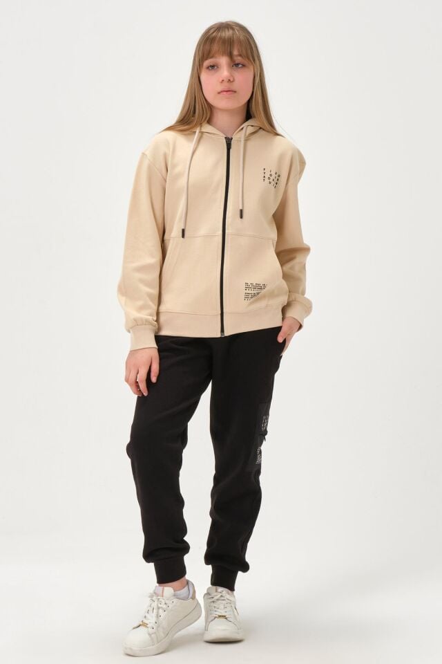 Çelikli İnterlok Kumaş Cep Baskı Detaylı Fermuarlı Kapüşonlu Alt Üst Kız Çocuk Eşofman  Takımı