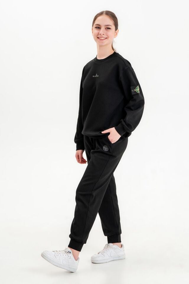 Black One Kız Çocuk Baskılı Bisiklet Yaka Eşofman Takımı – Rahat Kalıp