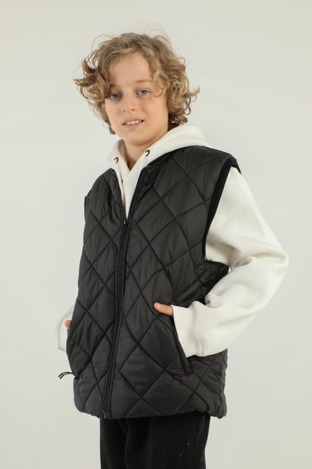 Baklava Desenli Çift Cepli Erkek Çocuk Yelek