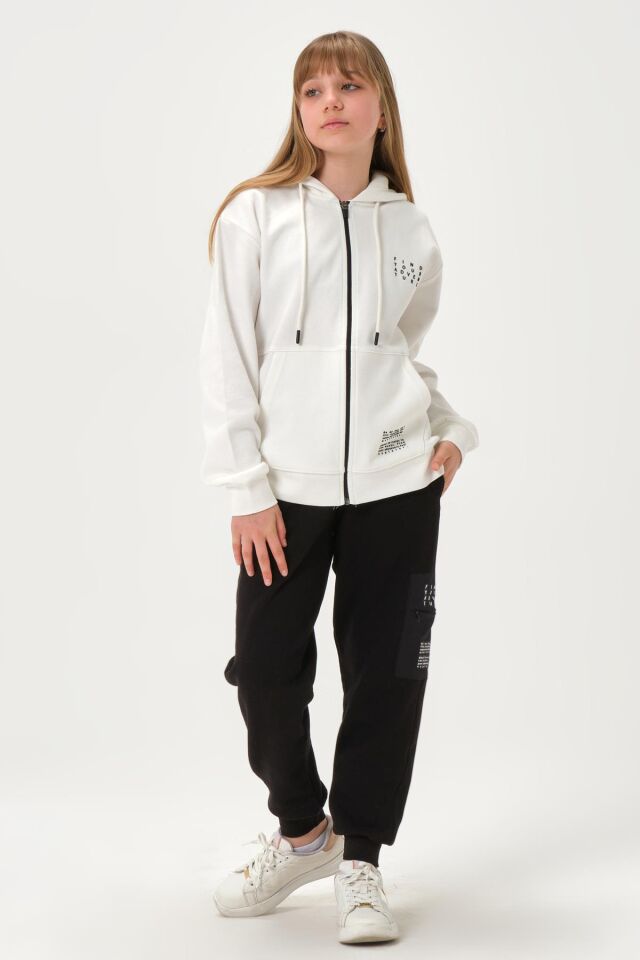 Çelikli İnterlok Kumaş Cep Baskı Detaylı Fermuarlı Kapüşonlu Alt Üst Kız Çocuk Eşofman  Takımı EKRU - 9-10 Yaş