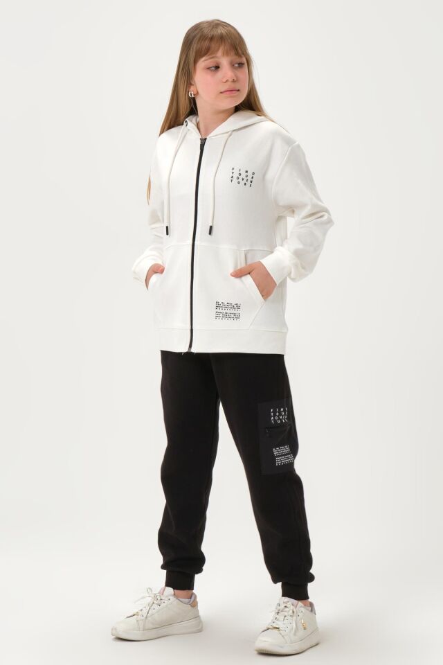 Çelikli İnterlok Kumaş Cep Baskı Detaylı Fermuarlı Kapüşonlu Alt Üst Kız Çocuk Eşofman  Takımı EKRU - 9-10 Yaş