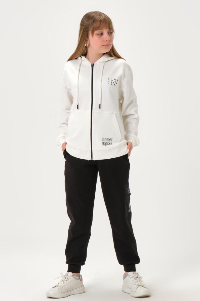 Çelikli İnterlok Kumaş Cep Baskı Detaylı Fermuarlı Kapüşonlu Alt Üst Kız Çocuk Eşofman  Takımı EKRU - 9-10 Yaş