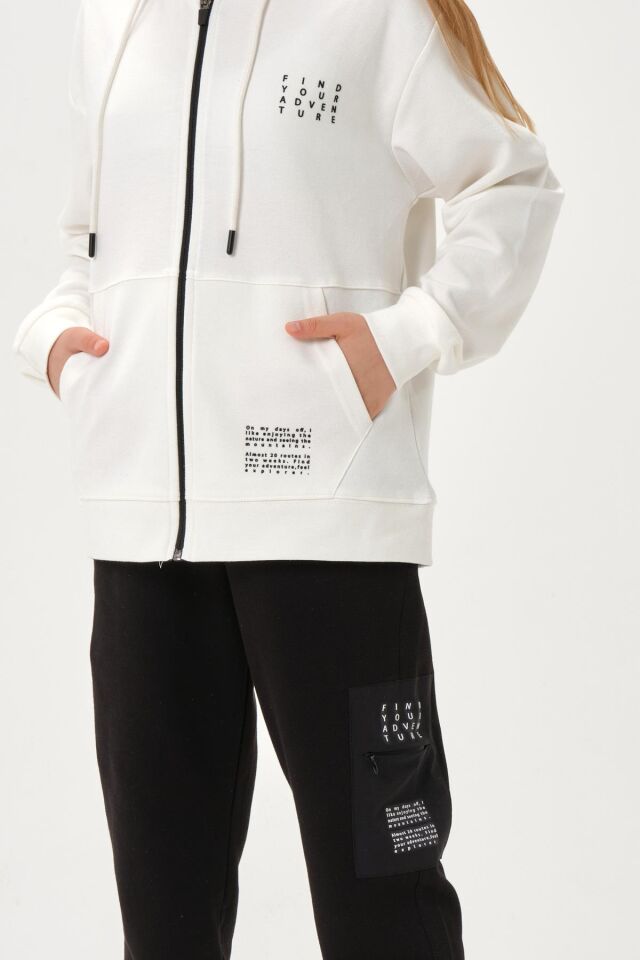 Çelikli İnterlok Kumaş Cep Baskı Detaylı Fermuarlı Kapüşonlu Alt Üst Kız Çocuk Eşofman  Takımı EKRU - 9-10 Yaş