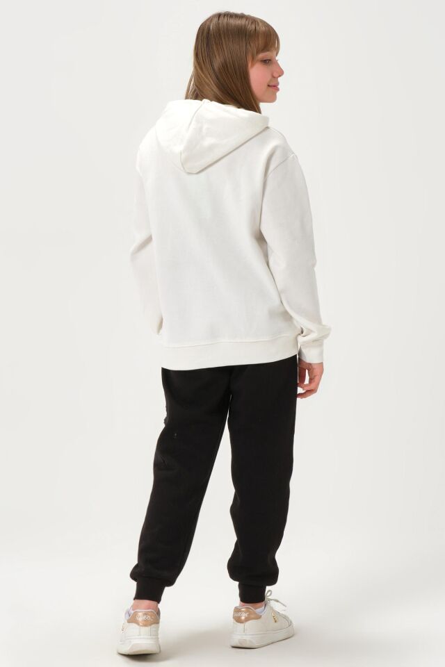 Çelikli İnterlok Kumaş Cep Baskı Detaylı Fermuarlı Kapüşonlu Alt Üst Kız Çocuk Eşofman  Takımı EKRU - 9-10 Yaş