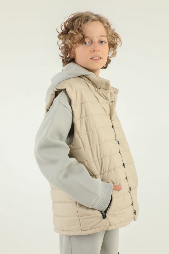 Dik Yaka Fermuar Çift Cep Detaylı Erkek Çocuk Şişme Yelek