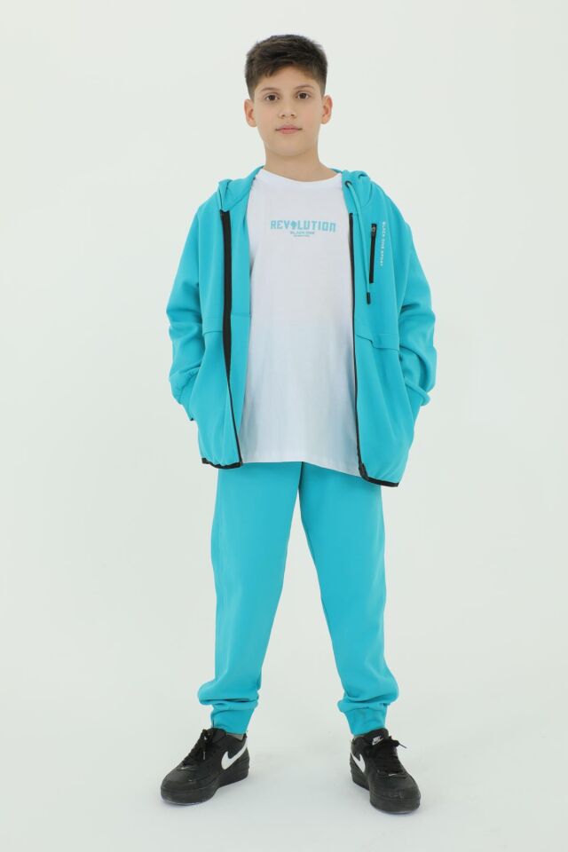 Erkek Çocuk Kapüşonlu Üç Parçadan Oluşan Baskı Detaylı Eşofman Takım LAKE BLUE - 9-10 Yaş