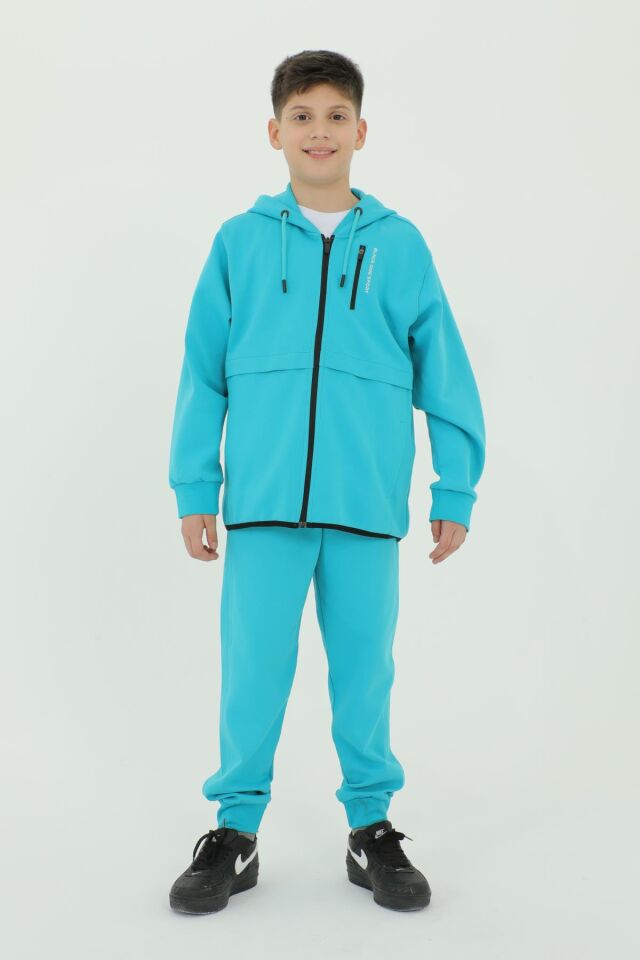 Erkek Çocuk Kapüşonlu Üç Parçadan Oluşan Baskı Detaylı Eşofman Takım LAKE BLUE - 9-10 Yaş