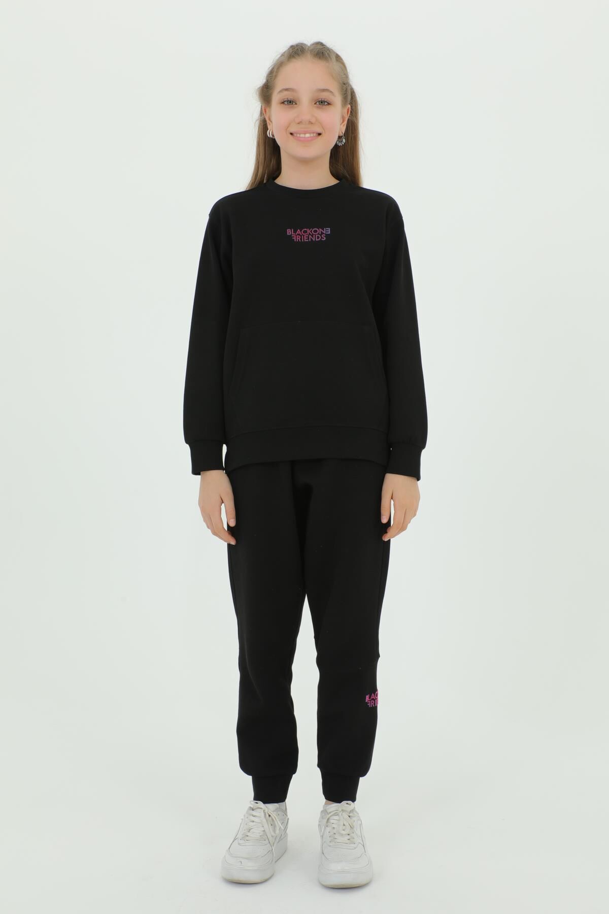 Kız Çocuk Bisiklet Yaka Baskı Detaylı Ayarlanabilir Lastik Bel Eşofman Takımı