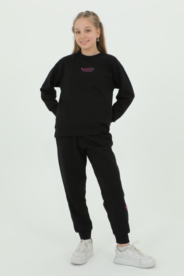 Kız Çocuk Bisiklet Yaka Baskı Detaylı Ayarlanabilir Lastik Bel Eşofman Takımı SİYAH - 9-10 Yaş