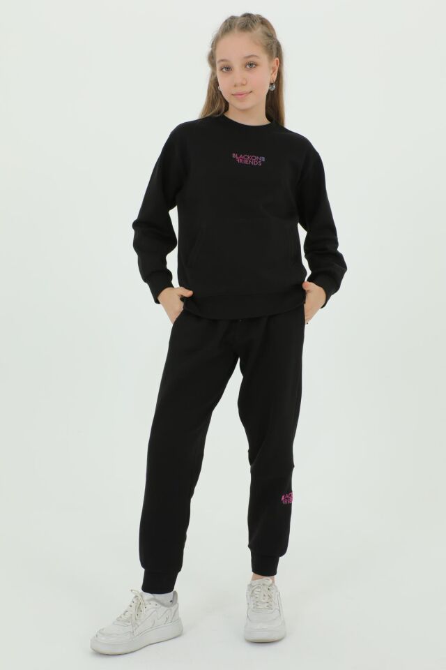 Kız Çocuk Bisiklet Yaka Baskı Detaylı Ayarlanabilir Lastik Bel Eşofman Takımı SİYAH - 13-14 Yaş