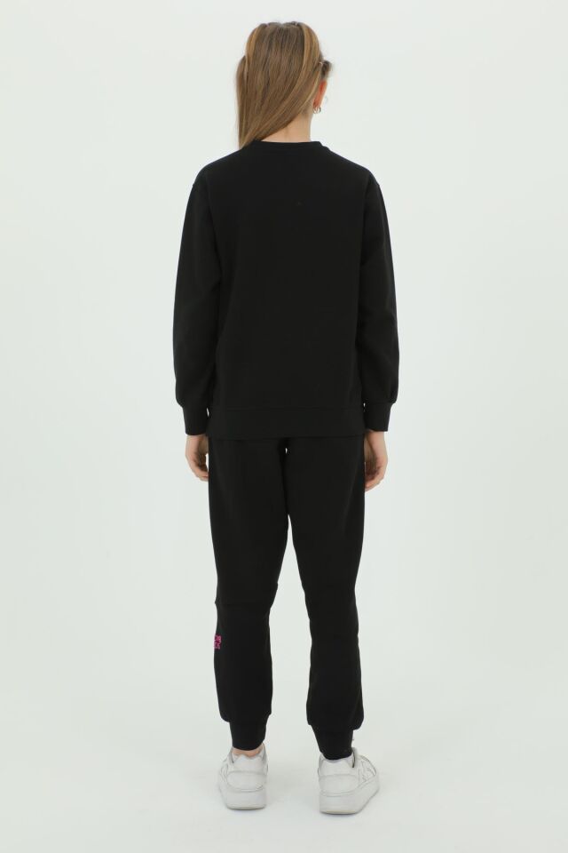 Kız Çocuk Bisiklet Yaka Baskı Detaylı Ayarlanabilir Lastik Bel Eşofman Takımı SİYAH - 13-14 Yaş