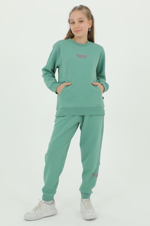 Kız Çocuk Bisiklet Yaka Baskı Detaylı Ayarlanabilir Lastik Bel Eşofman Takımı YEŞİL - 8-9 Yaş