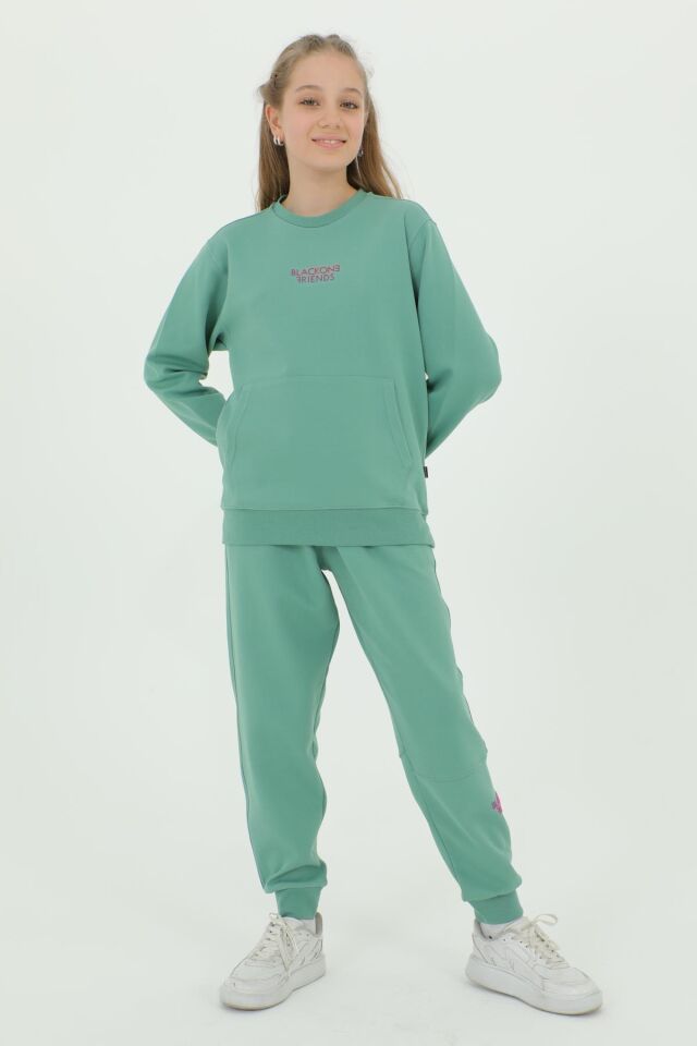 Kız Çocuk Bisiklet Yaka Baskı Detaylı Ayarlanabilir Lastik Bel Eşofman Takımı YEŞİL - 8-9 Yaş