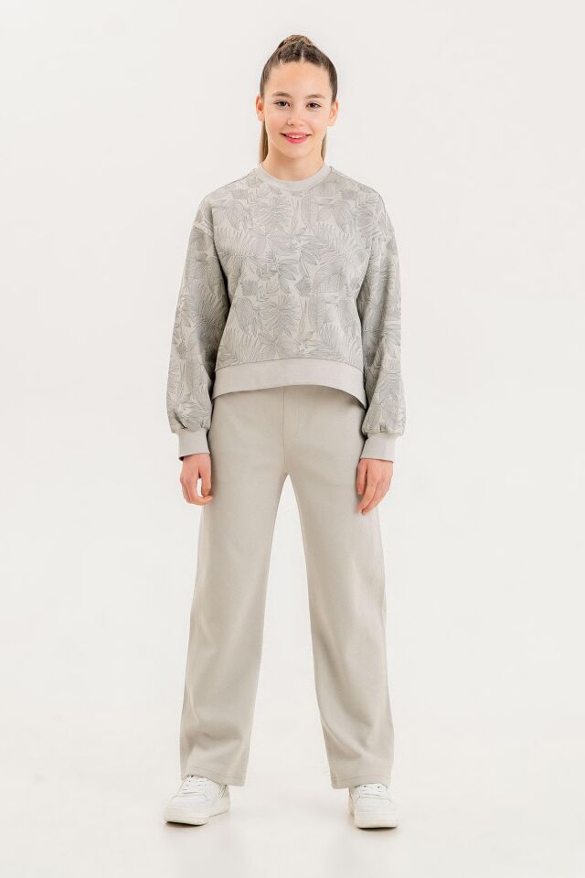 Kız Çocuk Bisiklet Yaka Baskı Detaylı Desenli Üst Geniş Paça Alt İkili Takım