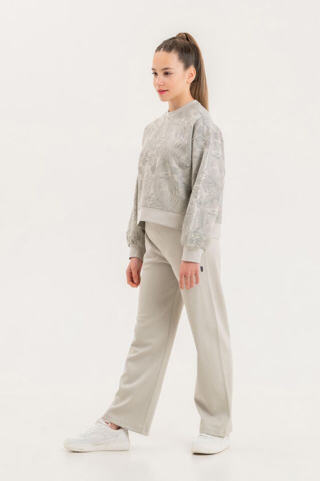 Kız Çocuk Bisiklet Yaka Baskı Detaylı Desenli Üst Geniş Paça Alt İkili Takım