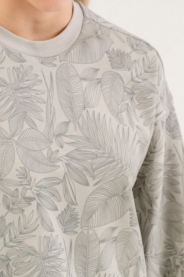 Kız Çocuk Bisiklet Yaka Baskı Detaylı Desenli Üst Geniş Paça Alt İkili Takım