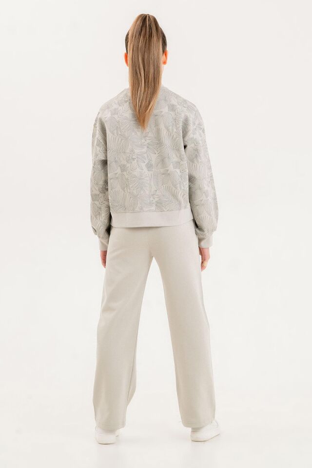 Kız Çocuk Bisiklet Yaka Baskı Detaylı Desenli Üst Geniş Paça Alt İkili Takım