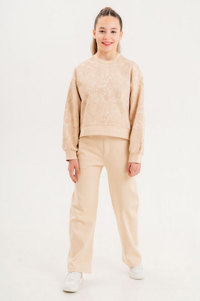 Kız Çocuk Bisiklet Yaka Baskı Detaylı Desenli Üst Geniş Paça Alt İkili Takım