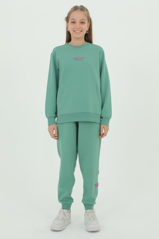 Kız Çocuk Bisiklet Yaka Baskı Detaylı Ayarlanabilir Lastik Bel Eşofman Takımı YEŞİL - 10-11 Yaş