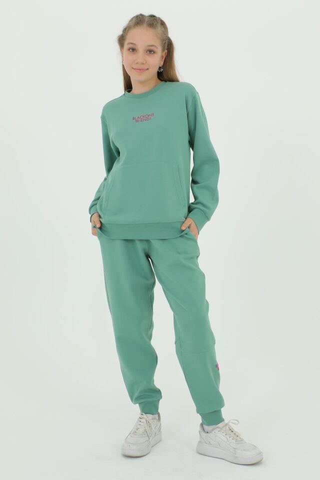 Kız Çocuk Bisiklet Yaka Baskı Detaylı Ayarlanabilir Lastik Bel Eşofman Takımı YEŞİL - 10-11 Yaş