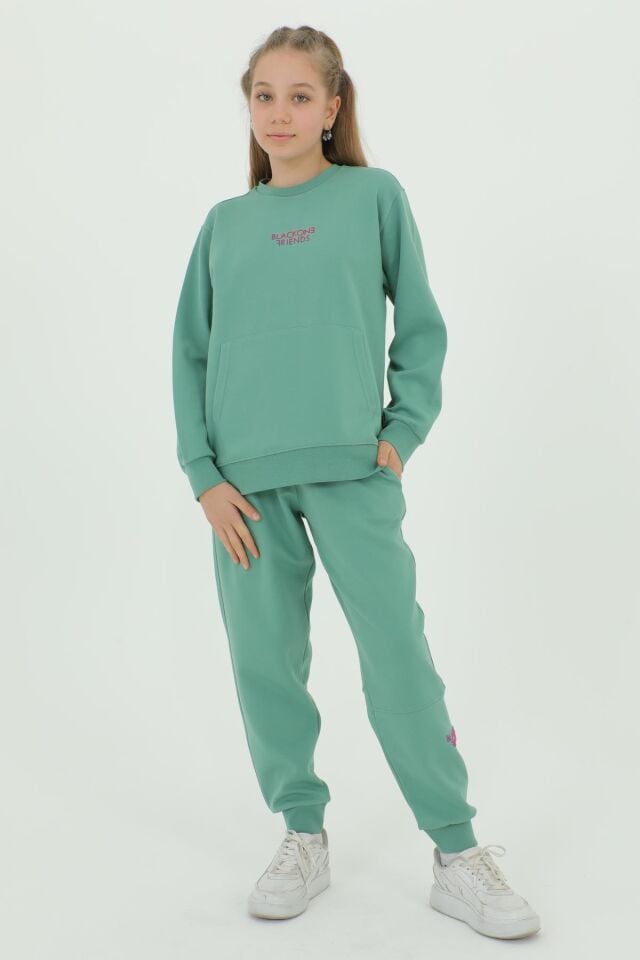 Kız Çocuk Bisiklet Yaka Baskı Detaylı Ayarlanabilir Lastik Bel Eşofman Takımı YEŞİL - 12-13 Yaş