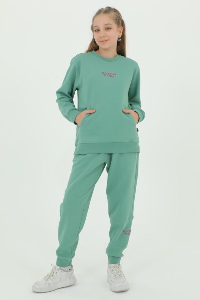 Kız Çocuk Bisiklet Yaka Baskı Detaylı Ayarlanabilir Lastik Bel Eşofman Takımı YEŞİL - 12-13 Yaş